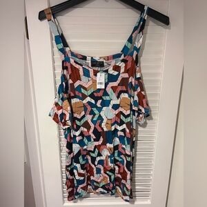 Lane Bryant Teal Pink Black Geometric Cold-Shoulder Top